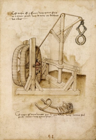Système « Écureuil » avec griffe pour soulever une charge de chantier et brouette - Manuscrit : feuille de parchemin d