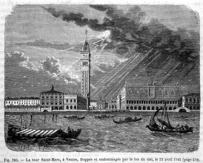 Tour Saint-Marc à Venise frappée et endommagée par le feu du ciel le 23 avril 1745 - dans « Les merveilles de la science » par Louis Figuier - Unknown artist