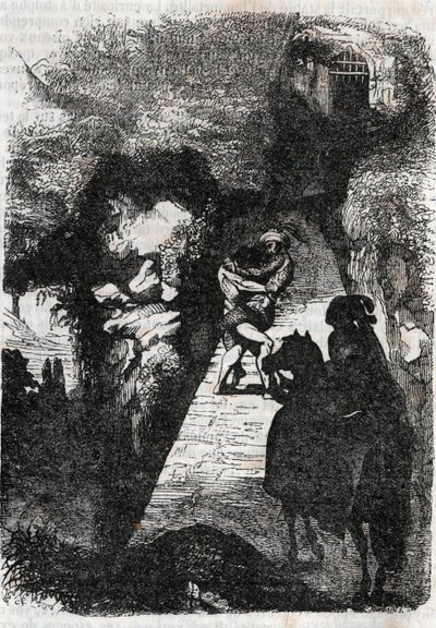 Lutte entre Roland et Rodomont - gravure de 1851 de « Roland furieux » (Orlando furioso) (16ème siècle) par Ludovico Ariosto, dit l