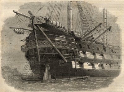 Télégraphie : vue de la poupe du navire H.M.S. « Agamemnon » qui posera le premier câble transatlantique. Gravure dans « The Illustrated London News » du 5 juin - Unknown artist