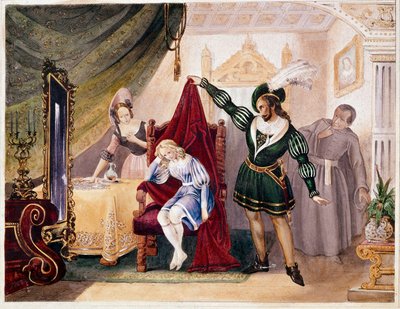 Le comte fit des avances à Suzanne tandis que Chérubin était caché sur la chaise, de Les Noces de Figaro de Mozart (gravure) - Unknown artist