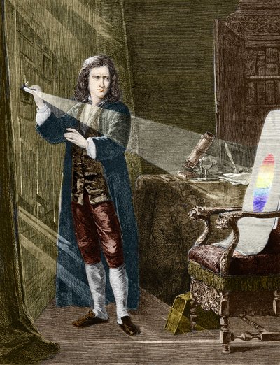 Le physicien anglais Isaac Newton (1642-1727) décomposant la lumière avec un prisme de verre. Gravure de 1880 - Unknown artist