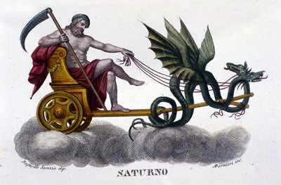 Le dieu Saturne (ou Cronos) sur un char tiré par deux dragons. D