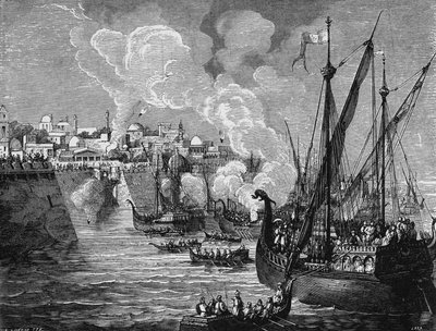 Le feu grégeois utilisé par les assiégeants et les assiégés lors du siège de Constantinople par Muhammad II en 1453. Dans "Album de la Science", Éditions Jouvet. - Unknown artist