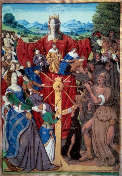 La Roue de la Fortune. Un mouvement ascendant et descendant de la Fortune qui, dans la vie des hommes, a le pouvoir de les faire rois ou de les faire tomber dans le malheur. Miniature tirée de "Remède de l