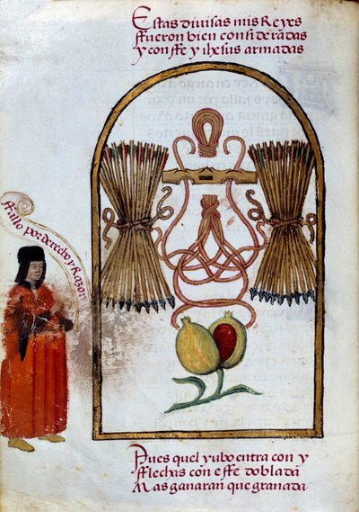 Le bracelet et les flèches. Emblème des Rois Catholiques (Miniature dans « Devocionario de la Reyna Da Juana a Quien Llamaron la Loca » par Pedro Marcuello) - Unknown artist