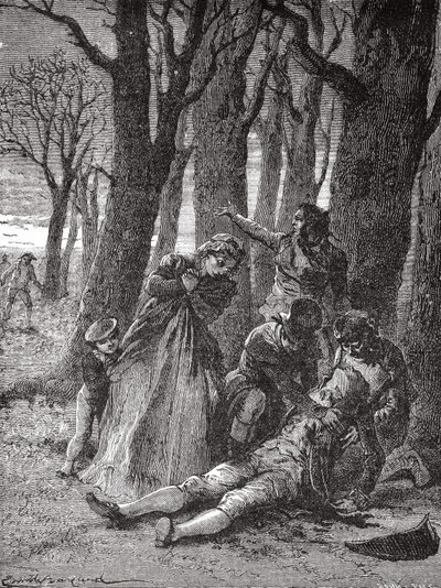 Le corps de Philippe Lebon (1769 - 1804), percé de treize coups de couteau aux Champs-Élysées, est relevé le matin du 3 décembre 1804 - dans « Album de la Science ; savants illustres ; Grandes découvertes » 1896 - Unknown artist