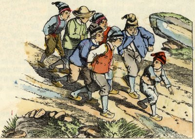 Les frères suivent le Petit Poucet qui a semé des cailloux blancs sur le chemin. Illustration du conte « Le Petit Poucet » de Charles Perrault - Unknown artist