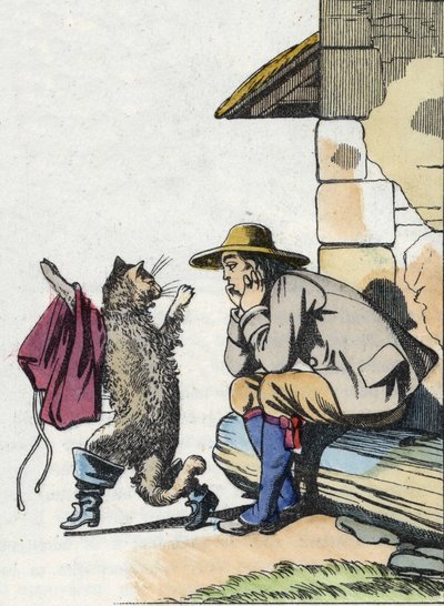 Le chat demande à son maître des vêtements et des bottes et promet de devenir riche bientôt. Illustration du conte de Charles Perrault "Le chat botté". - Unknown artist