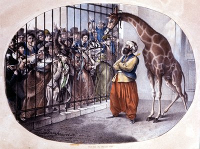 La foule curieuse se précipite pour voir une girafe derrière une porte. Lithographie de Danhaaren. 1829 - Unknown artist
