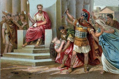 La mort de Virginie en 449 av. J.-C., Appius Claudius, décemvir sous la République romaine, réclame Virginie, fille du centurion Virginius, dont il est amoureux, comme son esclave. Abusant de son pouvoir, il la fait arrêter. Le décemvir cède - Unknown artist