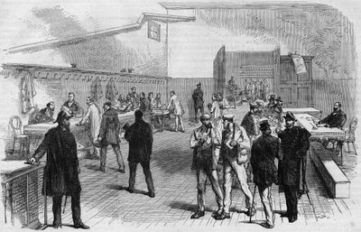 Les élections à Paris en 1869 : distribution des cartes électorales à la mairie de Montmartre. Gravure de 1869 - Unknown artist