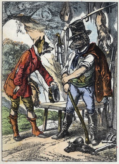 Le renard et le loup. Illustration du conte « Bonne Maman Mouton ». Dans « Contes de la maison pour les petits ». Gravure anonyme du XIXe siècle - Unknown artist