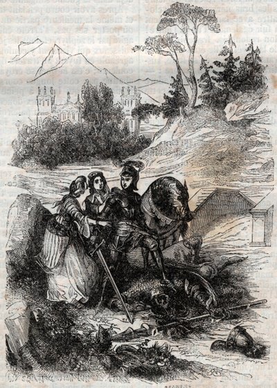 Le géant Ériphile vaincu par Roger (Ruggero, Ruggiero) - gravure de 1851 de « Roland furieux » (Orlando furioso) (16e siècle) par Ludovico Ariosto, connu sous le nom d