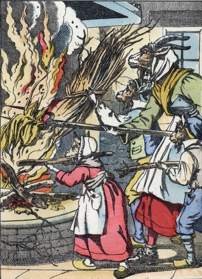 La chèvre et les biquets mettent le feu à la cheminée. Illustration du conte « Compère le Loup, Maître Renard, Commère la Chèvre et ses petits biquets » d