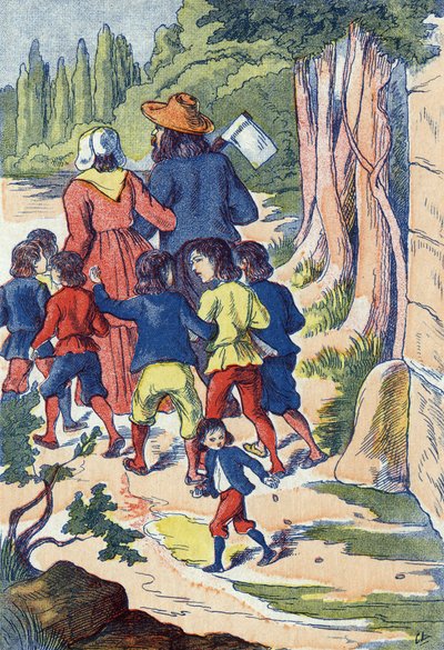 Le petit poucet sème des cailloux sur son chemin. Illustration pour "Le Petit Poucet", conte de Charles Perrault (1628-1703), écrivain français. Illustration anonyme. Imagerie Marcel Vagne, Jarville Nancy, sans date (fin XIXe siècle). - Unknown artist