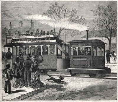 Les nouveaux tramways à vapeur à Paris en 1876 circulant sur la ligne de Saint-Germain-des-Prés à la porte de Chatillon, gravure. Collection Bianchetti - Unknown artist