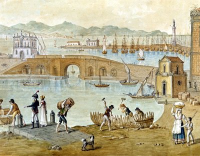 Le port de Naples et Santa Lucia vers 1800 : les voyageurs se préparent à partir et les charpentiers construisent un bateau. Aquarelle. - Unknown artist