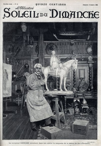 Le sculpteur Jean Léon (Jean-Léon) Gérôme (1824-1904) termine dans son atelier le modèle de la statue du duc d