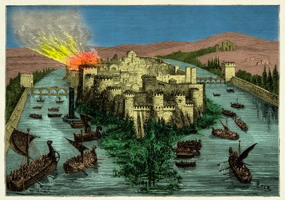 Le siège de Paris en 845 par les Vikings avec Ragnar Lodbrok à leur tête, Gravure 19ème siècle - Unknown artist