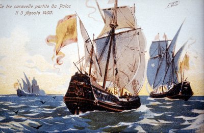 Les trois caravelles de Colomb quittent Palos le 3/08/1492. - Unknown artist
