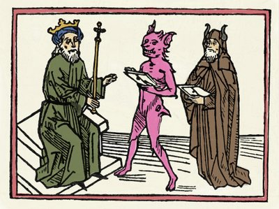 Le procès de Belial : « Le démon Belial présente ses lettres de créance au juge Salomon » Gravure du « Procès de Belial » par Jacobus de Teramo (ou Palladino), Augsbourg - Unknown artist