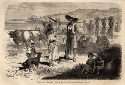 Le travail de récolte, de battage et de tri du blé, à Djurjura (Algérie); des femmes assises en cercle frappent les épis avec des maillets ronds, d