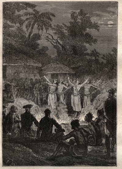 Troisième voyage (1776-1779) du capitaine James Cook (1728-1779) : une fête sur les îles des Amis (royaume des Tonga, Polynésie) - illustration tirée de « Les Grands Navigateurs du XVIIIe siècle » - Unknown artist