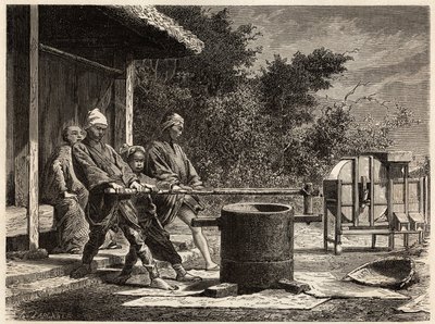 Trois paysans opérant le moulin à riz. Gravure pour illustrer le voyage au Japon en 1863-1864, par Aimé Humbert, ministre de la Confédération suisse, dans « Le tour du monde, nouveau journal des voyages », publié sous la direction d