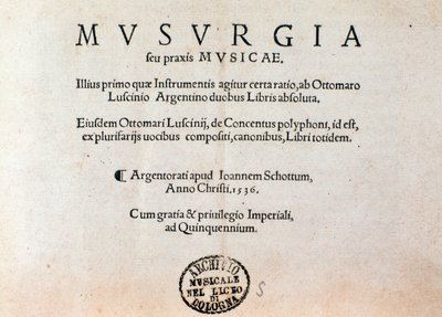 Page de titre du manuel pratique de musique Musurgia (1536) - Unknown artist