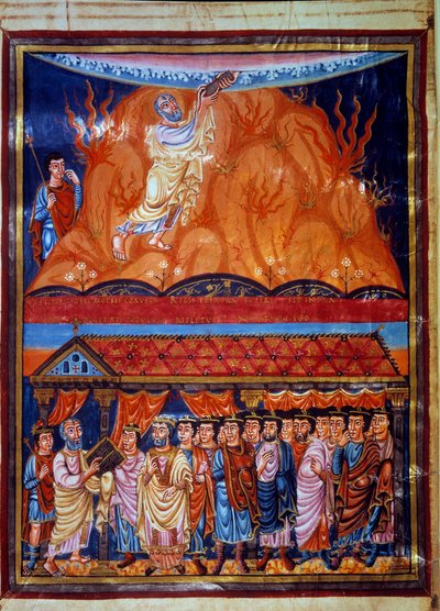 Haut : Moïse recevant les tables de la Loi, bas : Moïse explique la Loi au peuple hébreu. Miniature de la "Première Bible de Charles le Chauve" 9ème siècle Paris, B.N. - Unknown artist