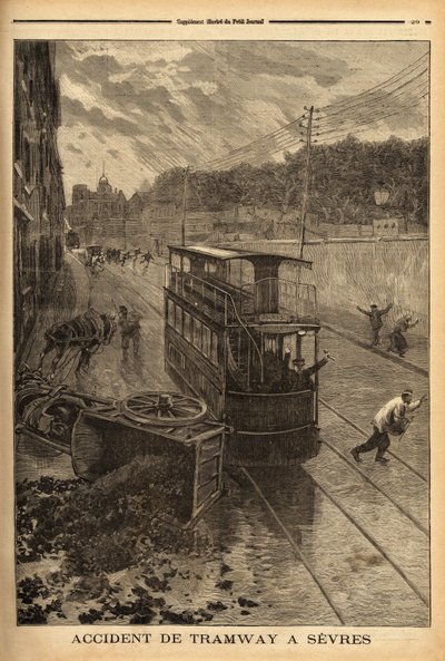 Accident de tramway à Sèvres, dégâts matériels mais pas de blessés. Gravure dans « Le petit journal » 24/01/1897. Collection Selva. - Unknown artist