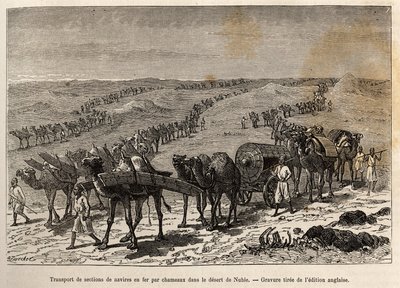 Transport de sections de navire en fer par des chameaux, dans le désert de Nubie (Soudan), gravure illustrant une expédition armée en Afrique centrale, pour la suppression du commerce noir - Unknown artist