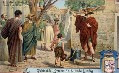Libraire ambulant dans la Grèce antique. Chromolithographie, image Liebig - Unknown artist