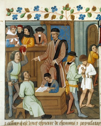 Scène de procès : le juge interroge un condamné portant une corde autour du cou - Unknown artist