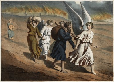 Deux anges guident Loth et ses filles qui doivent quitter la ville de Sodome, qui, comme celle de Gomorrhe, est détruite par Dieu. La femme de Loth qui retourne à la ville malgré l