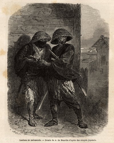 Deux ronins (samouraïs ayant perdu leur maître) en embuscade. Gravure pour illustrer le voyage au Japon, en 1863-1864, par Aimé Humbert, ministre de la Confédération suisse, dans « Le tour du monde, nouveau journal des voyages » publié sous la direction d