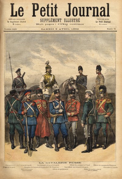 Uniformes de la cavalerie russe, alliée de la France, à cheval de gauche à droite : cosaque du régiment de la Garde, cuirassier du régiment de la Garde, officier des cosaques de l