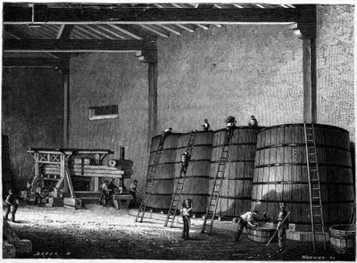 Cuves et presse utilisées dans les caves de Bourgogne Clos Vougeot. Gravure du XIXe siècle - Unknown artist