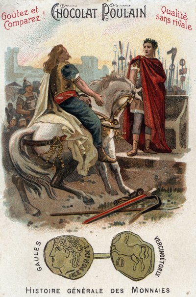 Vercingétorix (72-46 av. J.-C.), chef de la rébellion gauloise, dépose les armes aux pieds de César (100-44 av. J.-C.), après avoir définitivement perdu la ville d