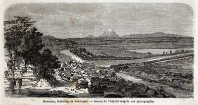 Vue de Homoura, banlieue de Yokohama, avec le mont Fuji en arrière-plan. Gravure pour illustrer le voyage au Japon en 1863-1864, par Aimé Humbert, ministre de la Confédération suisse, dans "Le tour du monde, nouveau journal des voyages", publié sous la dir - Unknown artist