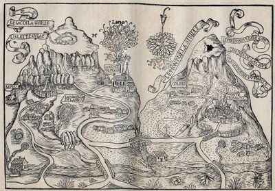 Vue du Mont Sibille (Paradis de la Reine Sybille) (Double carte du Mont Pilate et du Mont Sibylle) - Antoine de La Sale (La Salle) écrivain satirique français du 15ème siècle - Unknown artist