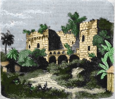 Vue de la maison "Alcazar de Colón" construite par Christophe Colomb pour son fils Diego Colomb (Diego Colon y Moniz) (1480-1526), sur une île de Saint-Domingue. Gravure du 19ème siècle - Unknown artist