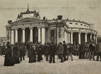 Visiteurs devant le Teatro Pompeiano aux Expositions Unies, Milan, Italie, gravure d