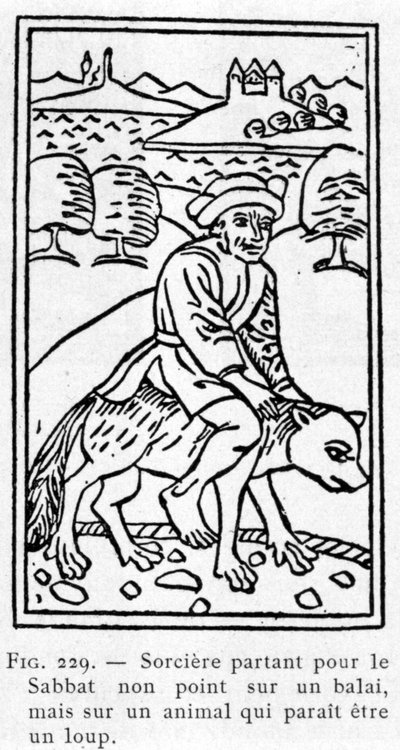 Sorcière partant pour le sabbat non pas sur un balai, mais sur un animal qui semble être un loup - Unknown artist