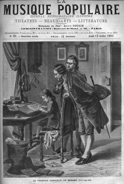 Wolfgang Amadeus Mozart écrivant un concerto pour clavecin en présence de son père Leopold et Andreas Schachtner en 1762 - gravure dans « La musique populaire » journal hebdomadaire illustré - 1882 - Unknown artist