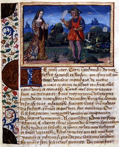 Femme et homme dans un paysage - enluminure, dans "Livre des pudens et impudens des âges passés" par Catherine d