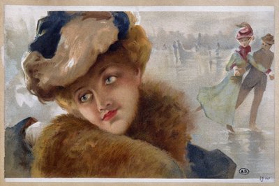 Femmes sur une patinoire - chromo - Unknown Artist