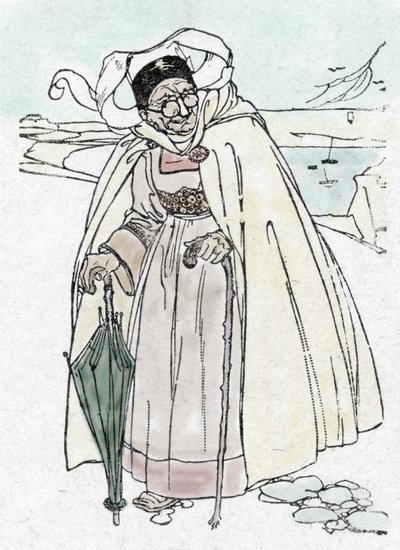 Première Guerre mondiale : un espion allemand déguisé en vieille femme de la Vendée, avec un télescope en forme de parapluie et une canne, qui prend des photos. - Unknown Artist