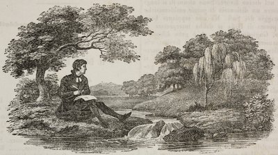 Écrivain sous un arbre devant un ruisseau, illustration de Teatro universale, Raccolta enciclopedica e scenografica, No 575, 19 juillet - Unknown artist